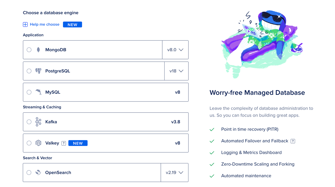 The database engine selection portion of the database create page