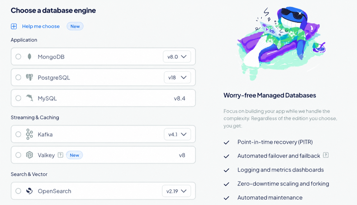 The database engine selection portion of the database create page