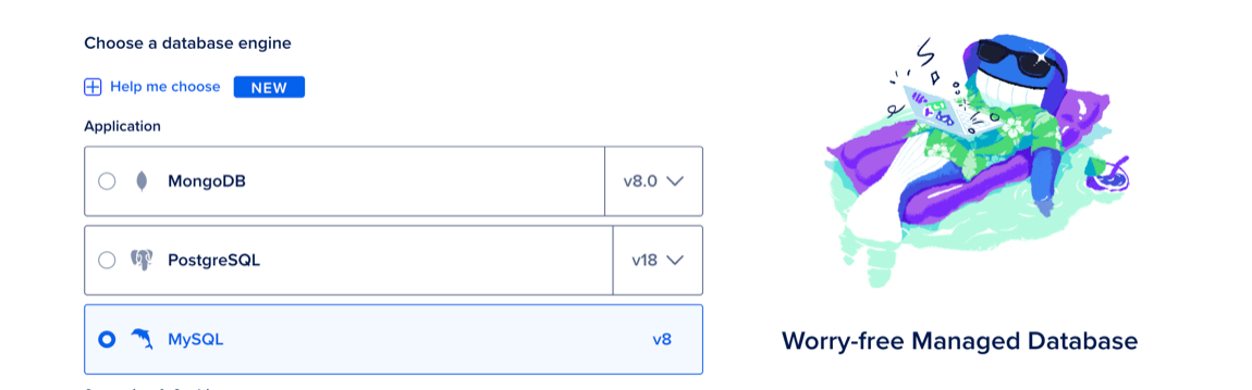 The database engine selection portion of the database create page