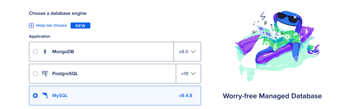 The database engine selection portion of the database create page