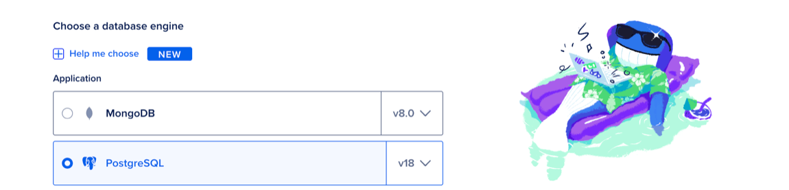 The database engine selection portion of the database create page