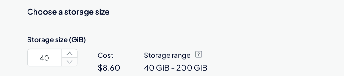 Choose a storage size section showing 40 GiB selected with cost and supported storage range.