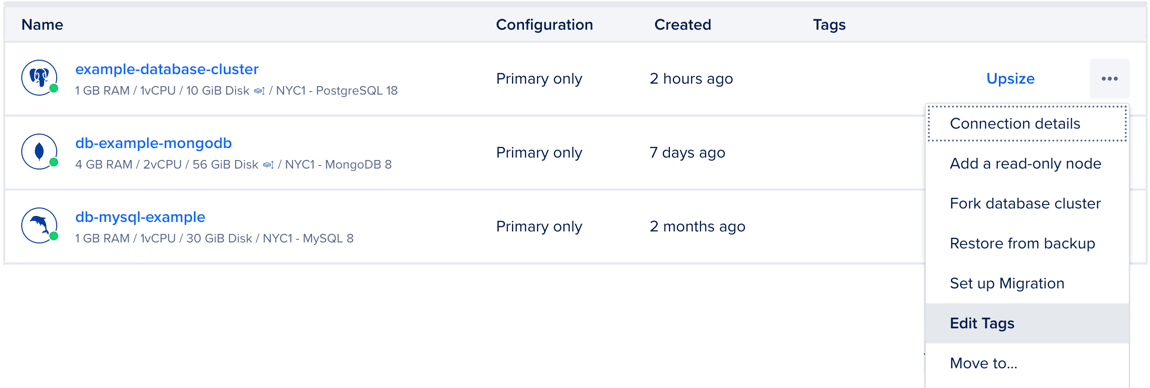 The database cluster's More menu