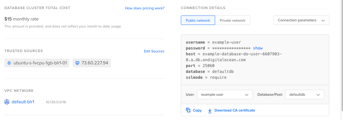 Databases Overview screen showing connection string