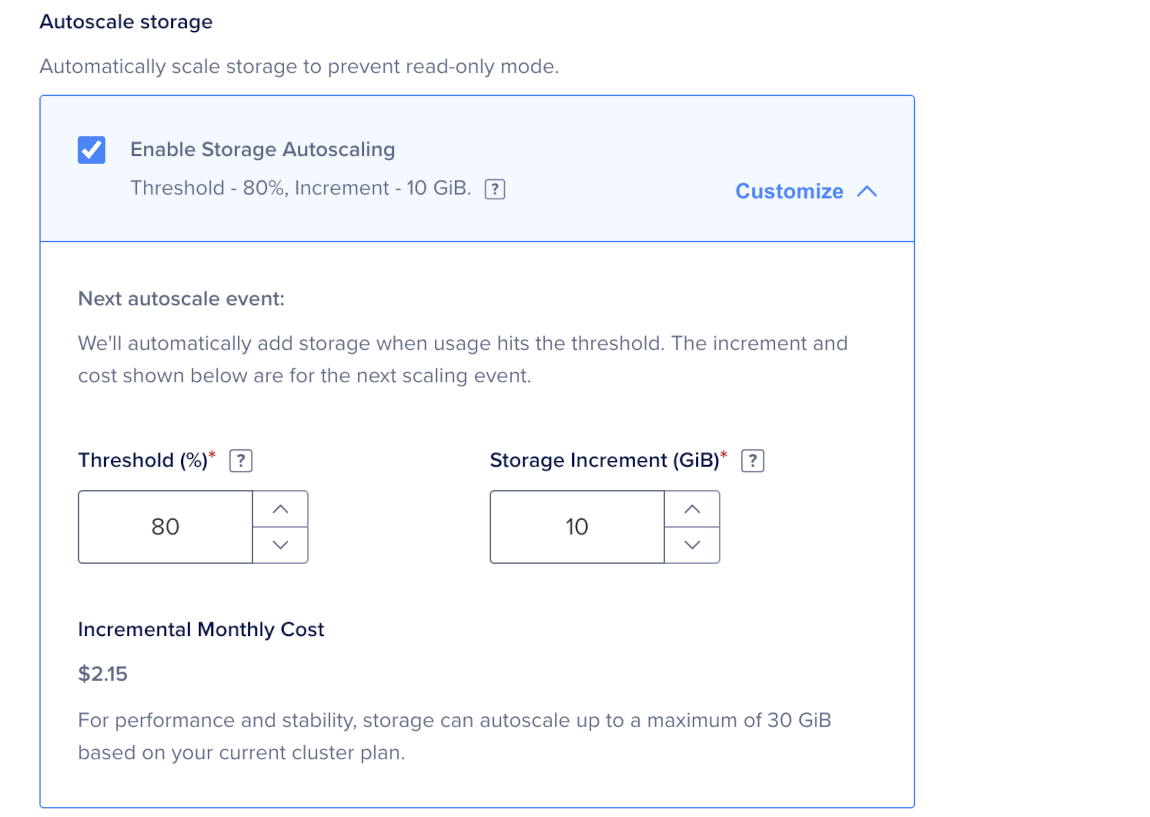Autoscale storage section with storage autoscaling enabled and customizable threshold and increment fields.