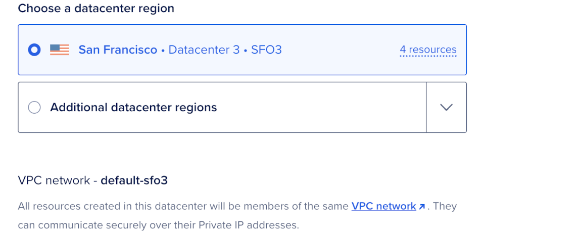Choose a datacenter region section with San Francisco SFO3 selected and additional regions collapsed.
