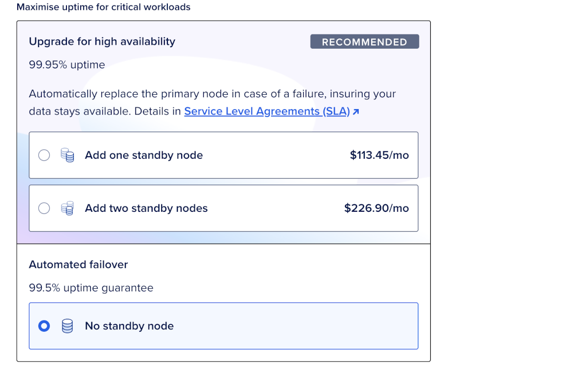 High availability sub-section with standby node upgrade options and no standby node selected.