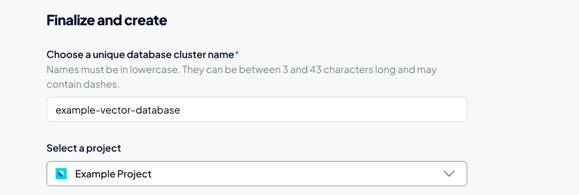 Finalize and create section with database cluster name field and project selector.