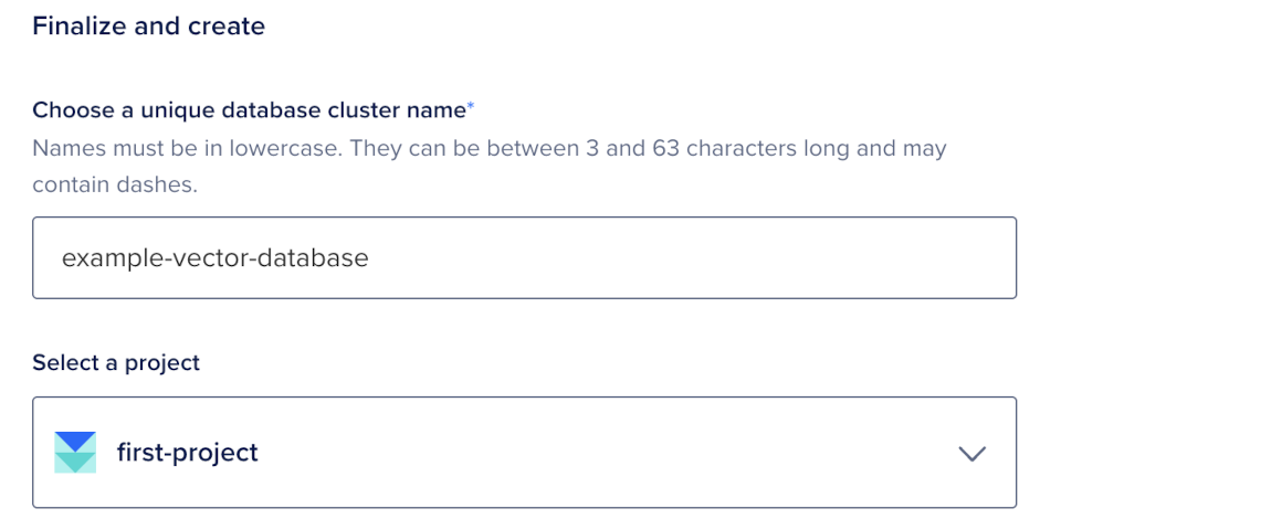 Finalize and create section with database cluster name field and project selector.
