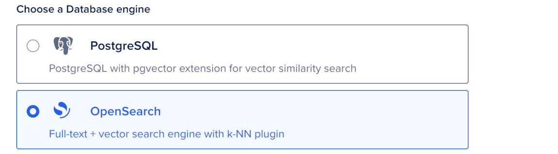 Choose a database engine section with OpenSearch selected and PostgreSQL available.
