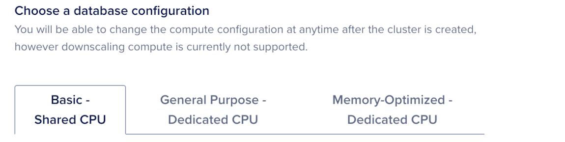 Choose a database configuration section for OpenSearch with Basic shared CPU selected.