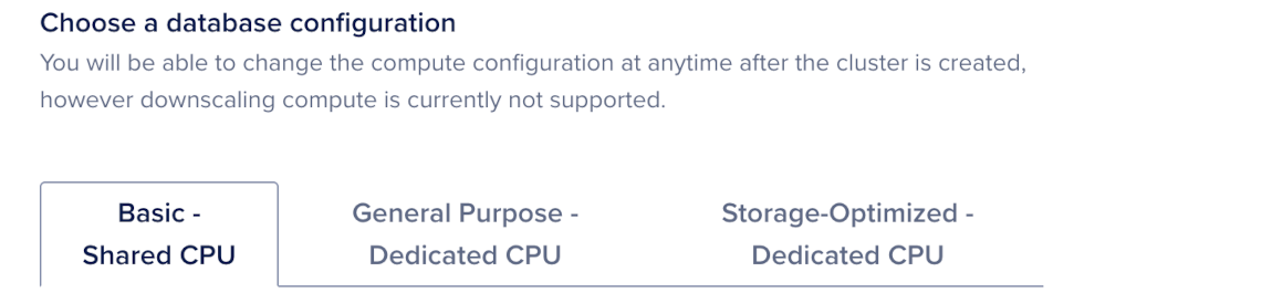 Choose a database configuration section for PostgreSQL with Basic shared CPU selected.