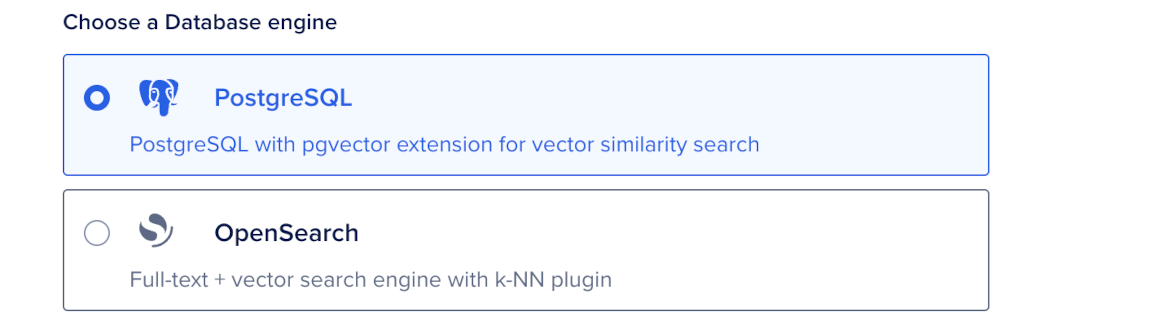 Choose a database engine section with PostgreSQL selected and OpenSearch available.