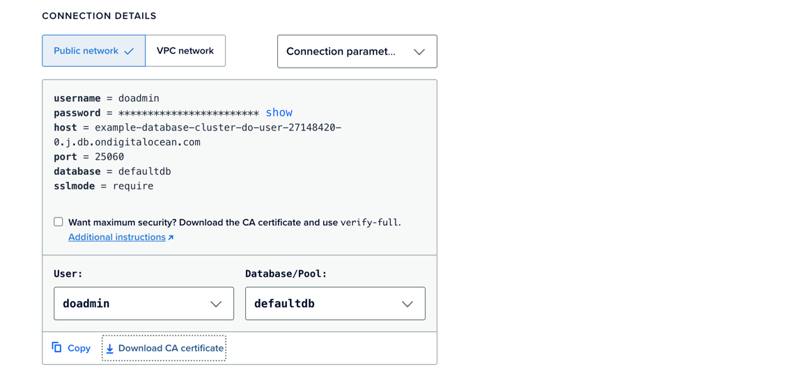 Databases connection details with Download CA Certificate selected