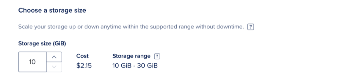The Choose a Storage Size section of the database configuration