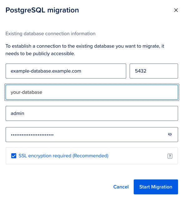 PostgreSQL migration with credentials