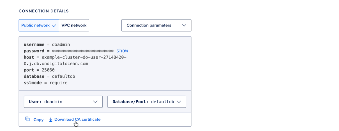 Databases connection details with Download CA Certificate selected
