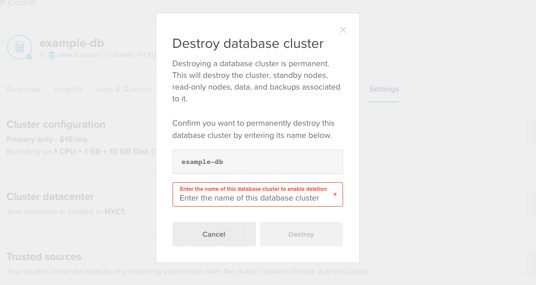 Screenshot of the destroy cluster warning