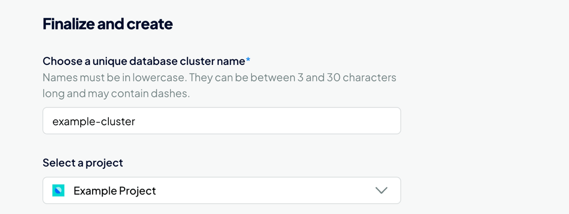 The Finalize and Create section of the Create a database page