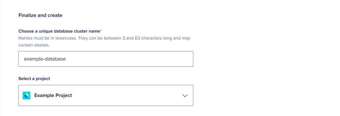 The Finalize and Create section of the Create a database page