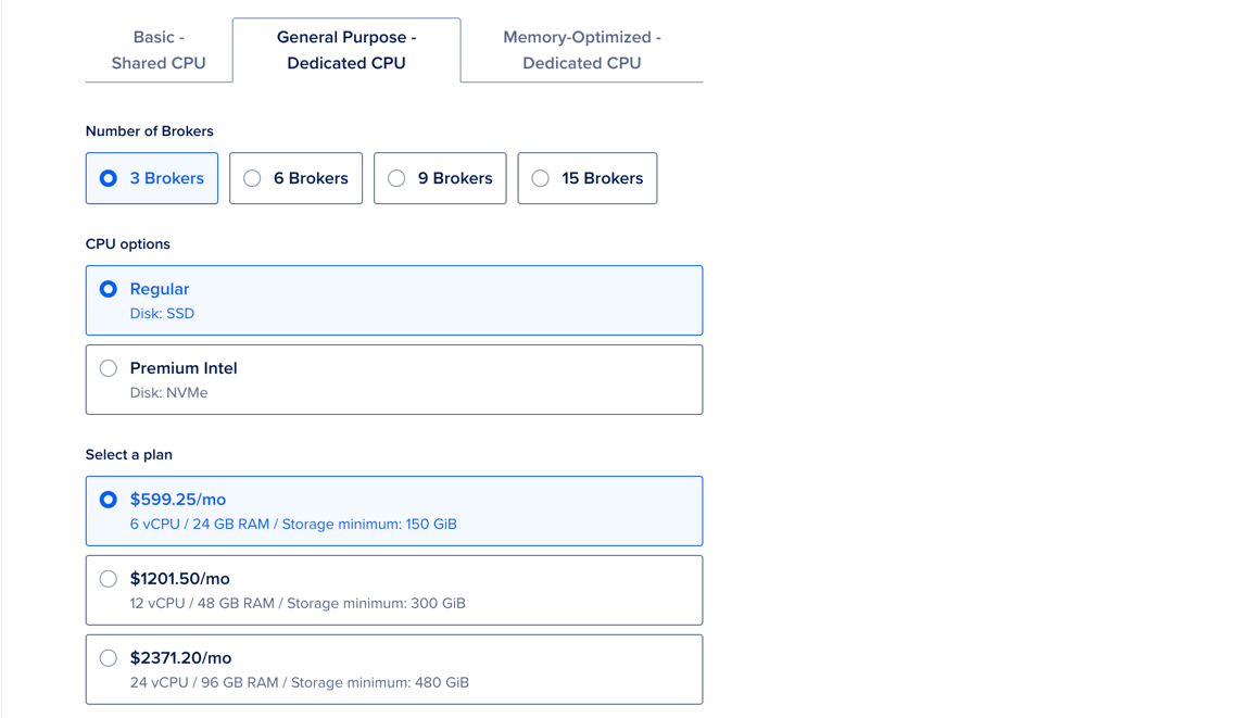 Cluster configuration section, showing available plan options