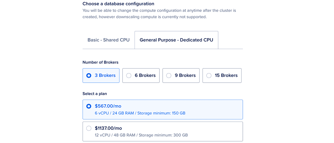 The Choose a cluster configuration section of the Create a database page displaying the node size and monthly cost