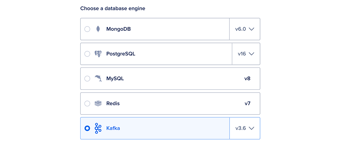 The database engine selection portion of the databases create page