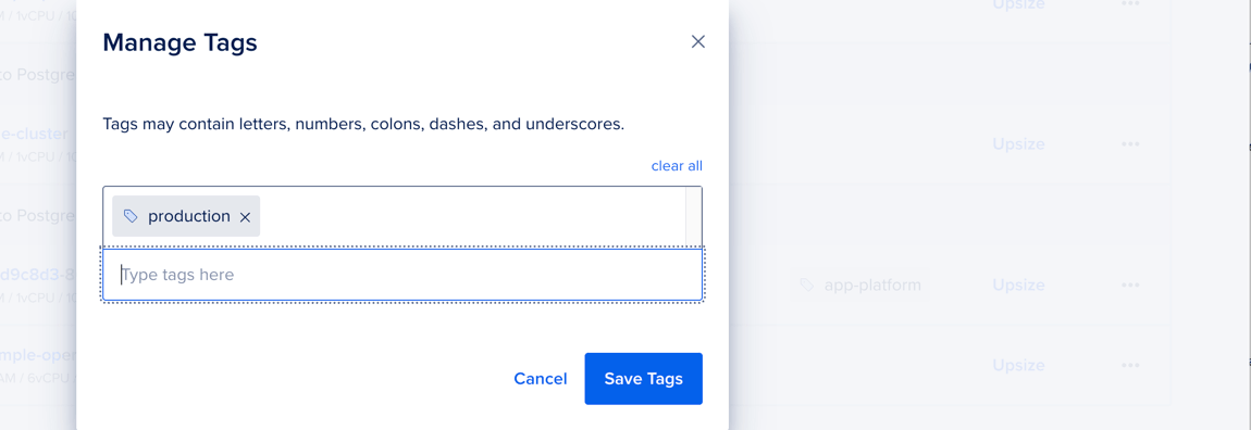 The Manage Tags dialog