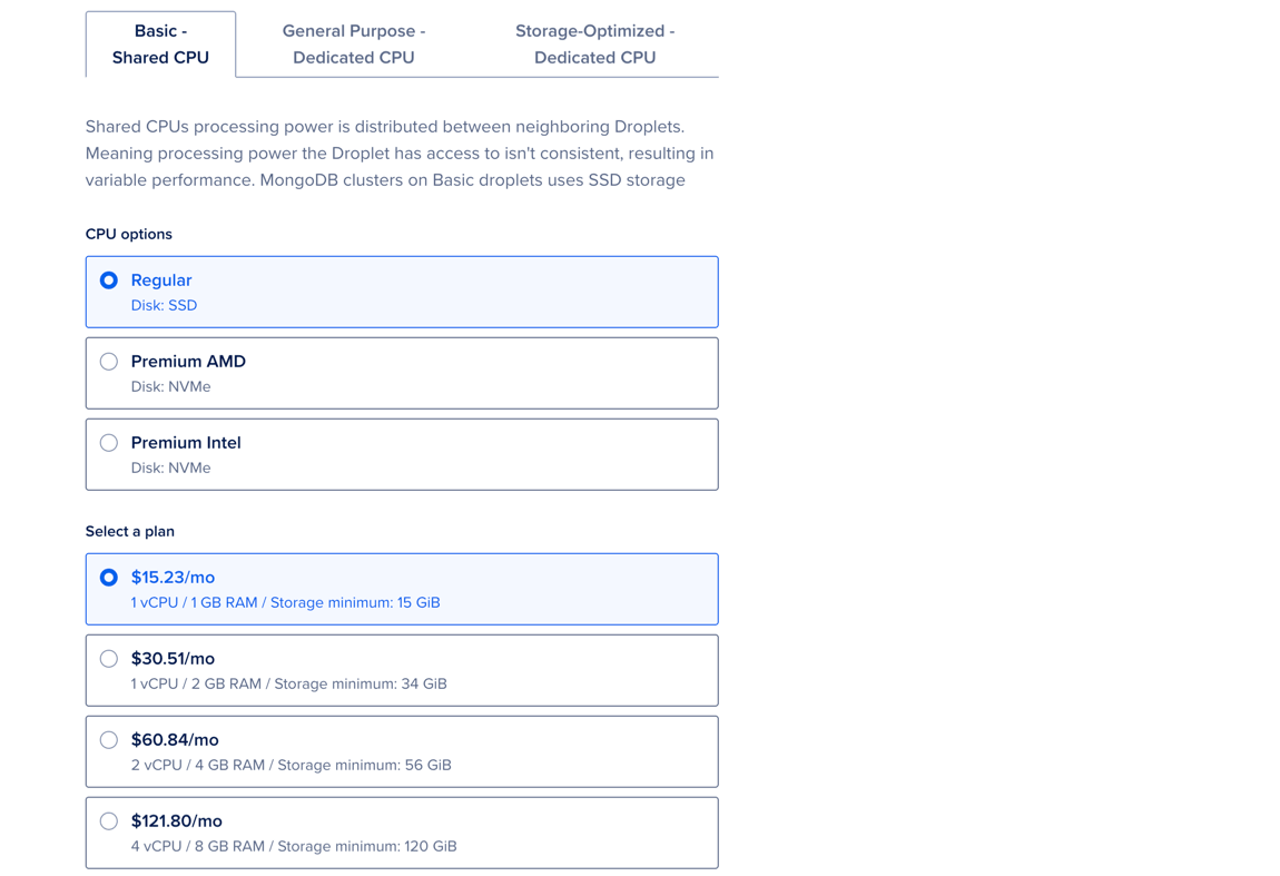 Cluster configuration section, showing available plan options