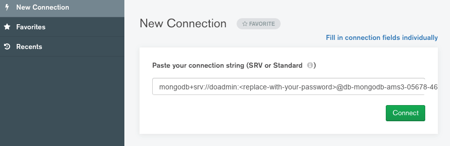 MongoDB Compass New Connection screen with connection string pasted into field