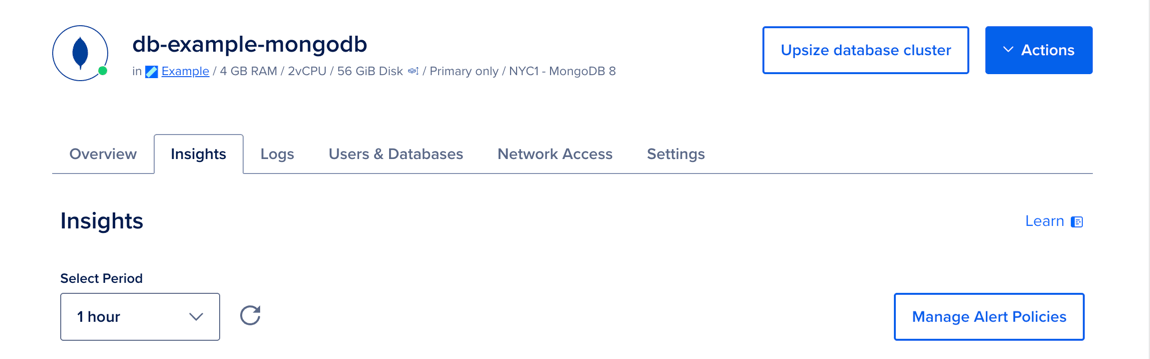 The Insights tab of a managed database cluster