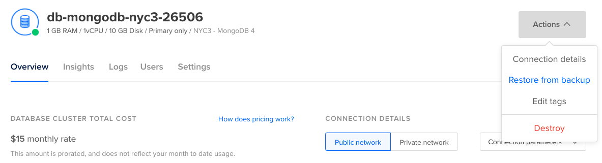 Screenshot of MongoDB Actions page