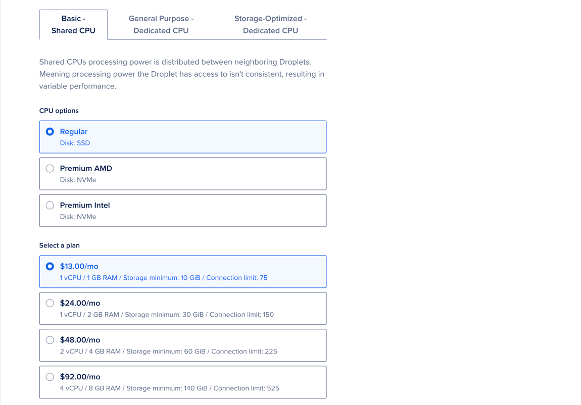 Cluster configuration section, showing available plan options