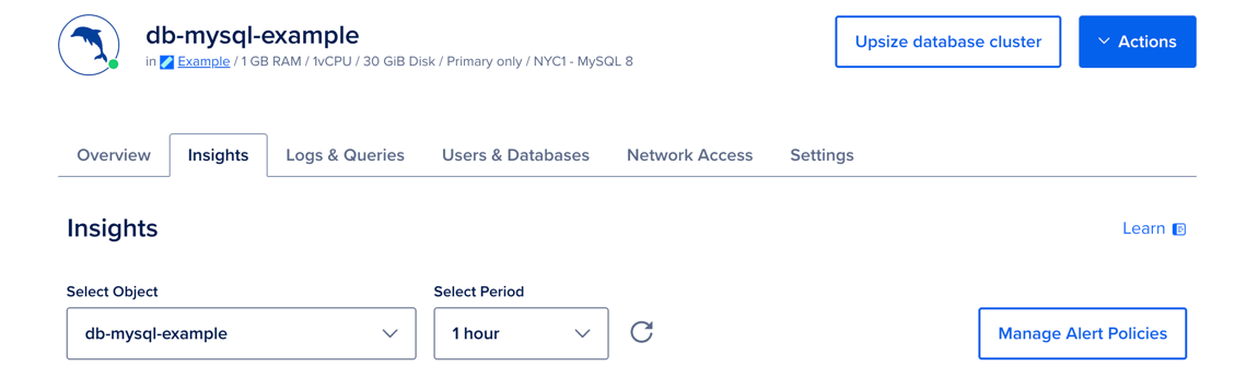 The Insights tab of a managed database cluster