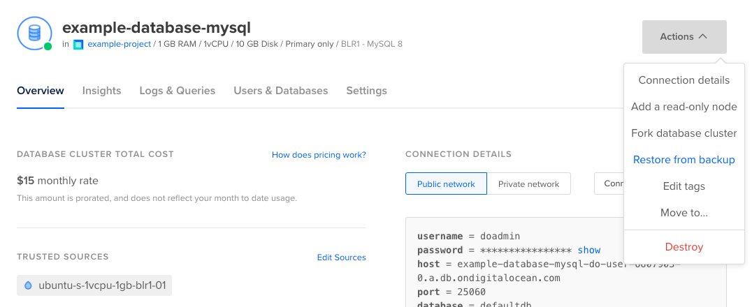 Screenshot of MySQL Actions menu