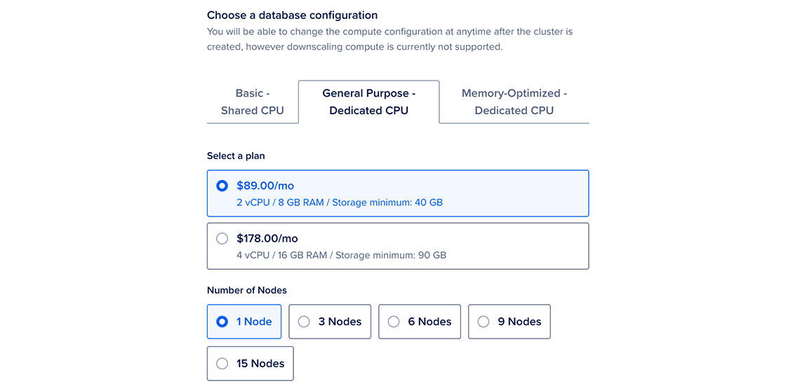 The Choose a cluster configuration section of the Create a database page displaying the node size and monthly cost