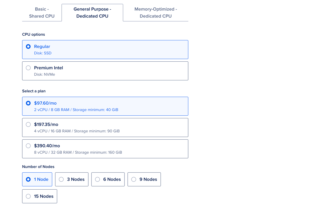 Cluster configuration section, showing available plan options