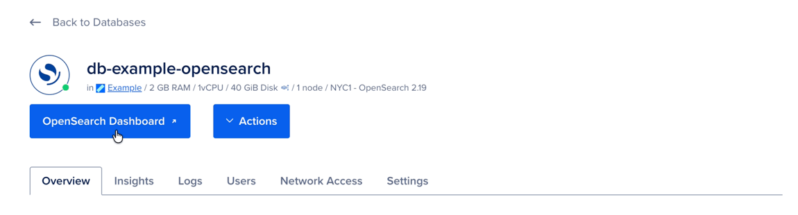 The OpenSearch Dashboard button on the Overview page.