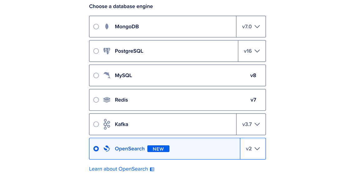 The database engine selection portion of the databases create page