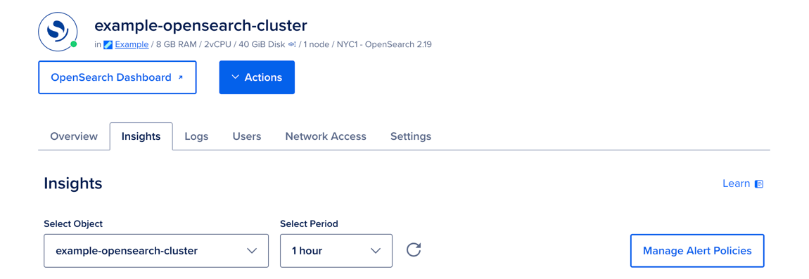 The Insights tab of a managed database cluster