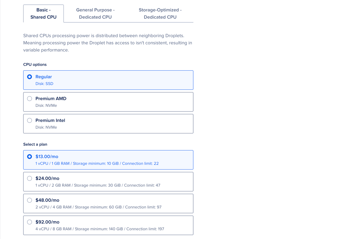 Cluster configuration section, showing available plan options