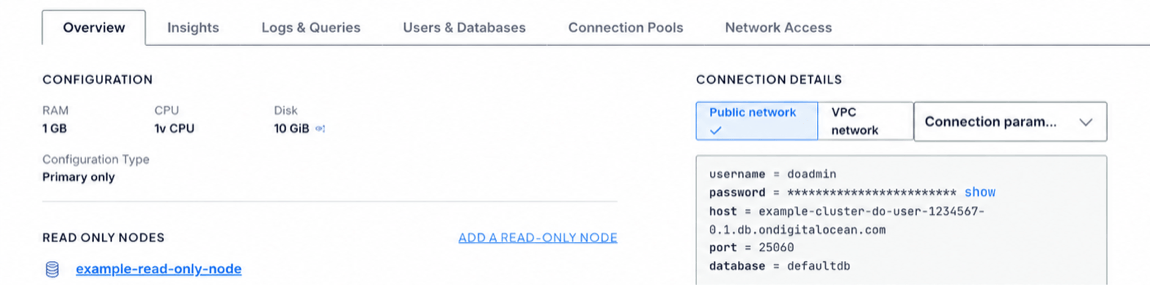 The Connection Details section on a PostgreSQL cluster's Overview page.