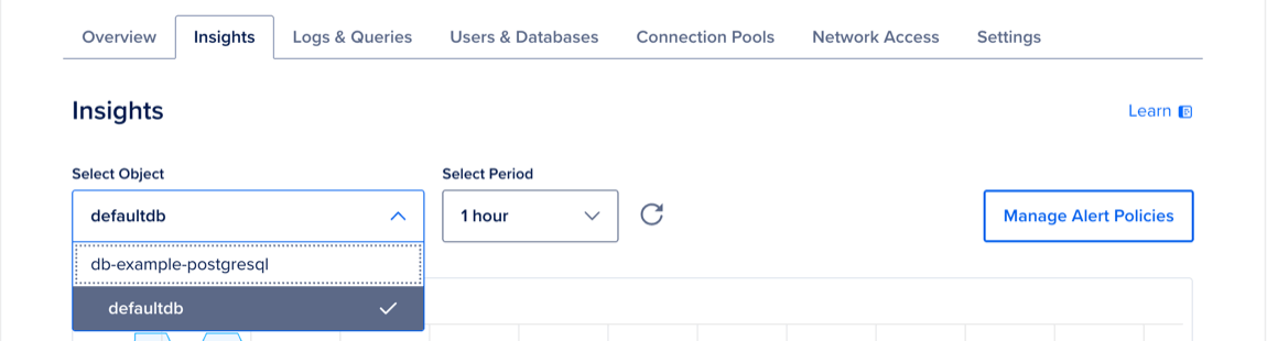 The Insights tab of a managed database cluster