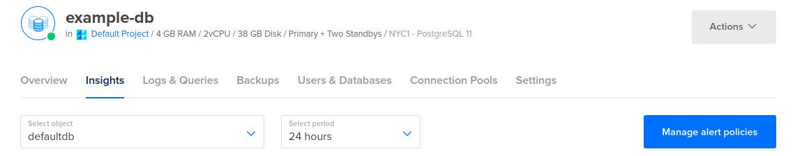 The Insights tab of a managed database cluster