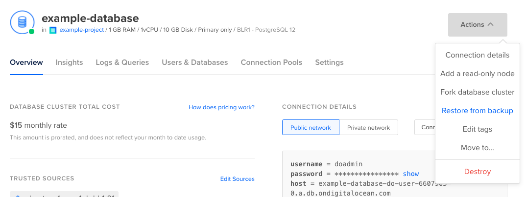 Screenshot of PostgreSQL Actions page