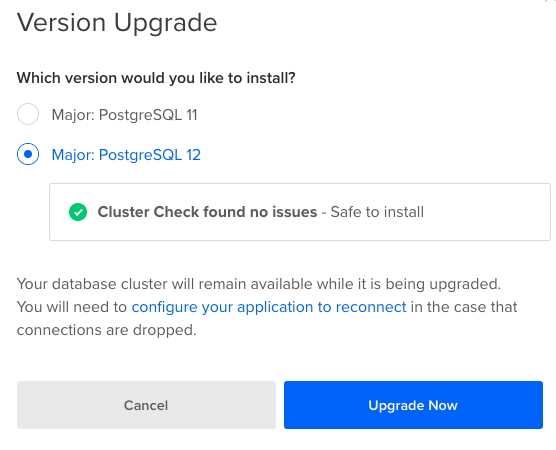 PostgreSQL upgrade menu.