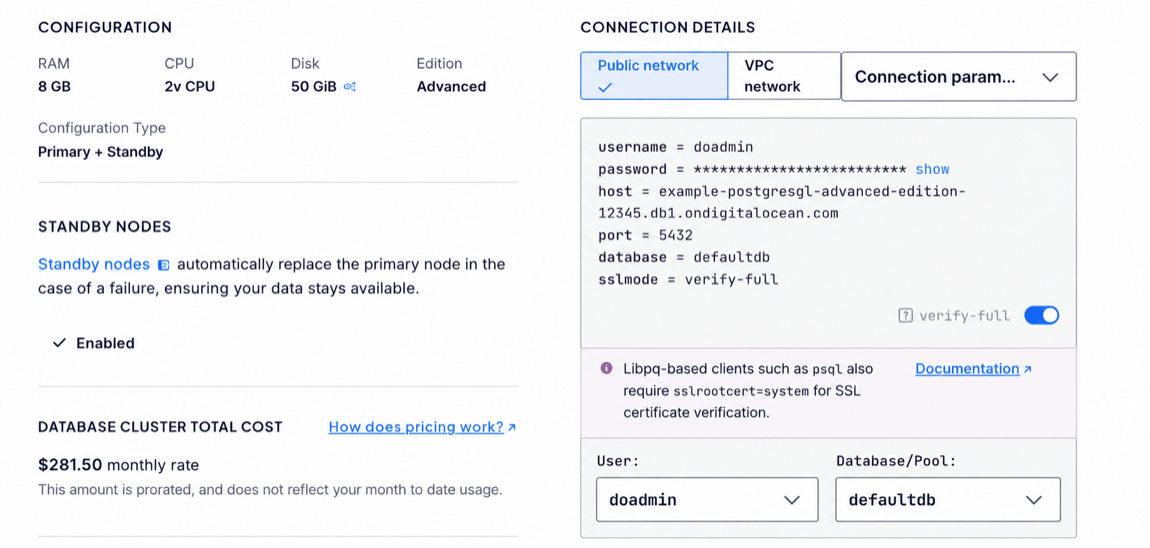 The Connection Details section on an Advanced Edition cluster with the verify-full toggle enabled and an alert noting that libpq-based clients also require sslrootcert=system.
