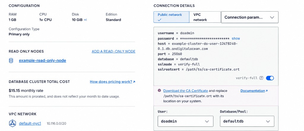 The Connection Details section on a Standard Edition cluster with the verify-full toggle enabled, showing sslmode=verify-full, sslrootcert set to the CA certificate path, and a Download the CA Certificate banner.