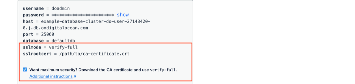 The Connection Details section showing the Want maximum security verify-full option selected.