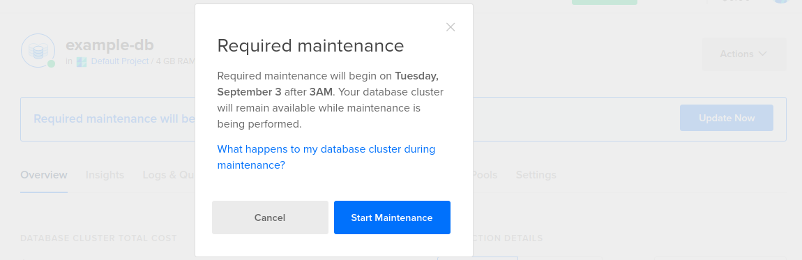 The Required maintenance window with the Start Maintenance button visible